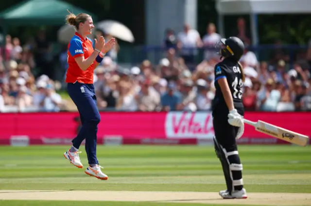 England's Lauren Bell celebrates after taking the wicket of New Zealand's Izzy Gaze