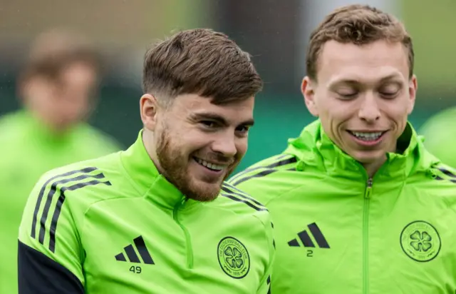 James Forrest (L) and Alistair Johnston during a Celtic training session at the Lennoxtown Training Centre, on May 21, 2026