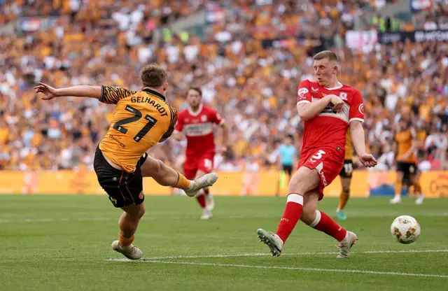 Hull striker Joe Gelhardt hits the ball towards goal.