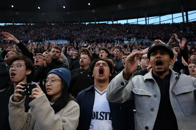 A group of supporters react as they watch Tottenham play