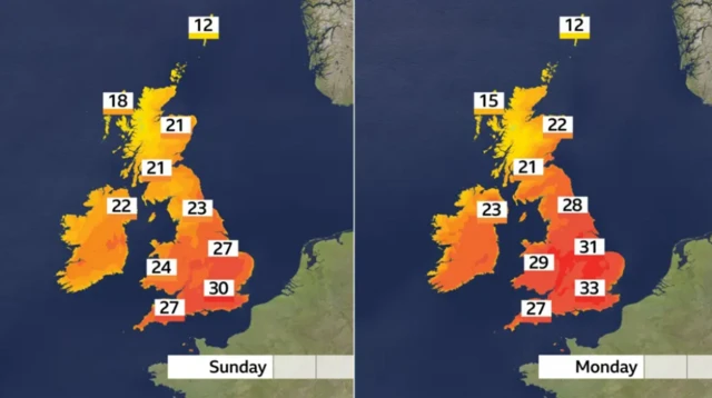 A map of the UK showing temperatures forecast across the country on Sunday and Monday