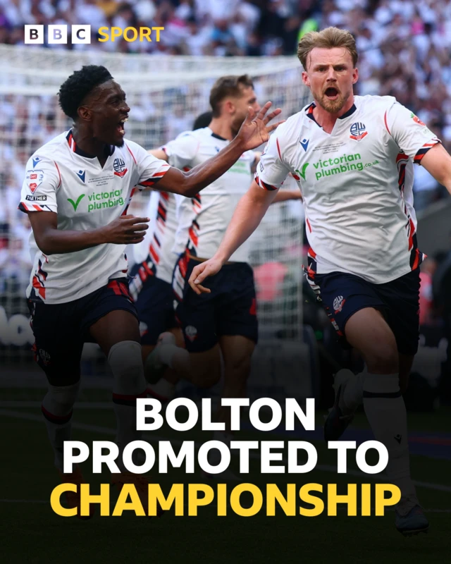 BOLTON PROMOTED TO CHAMPIONSHIP GRAPHIC - and Sam Dalby celebrating the third goal