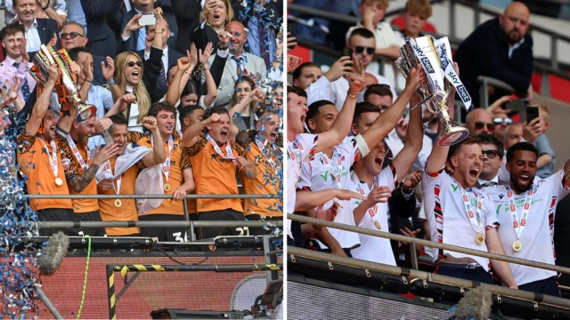 Side by side images of Hull City and Bolton Wanderers lifting their play-off winners trophies