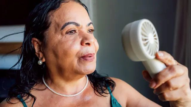 A middle age woman holds a small handheld fan near her face while standing by a window.