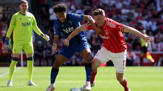 James Hill of AFC Bournemouth is challenged by Chris Wood of Nottingham Forest