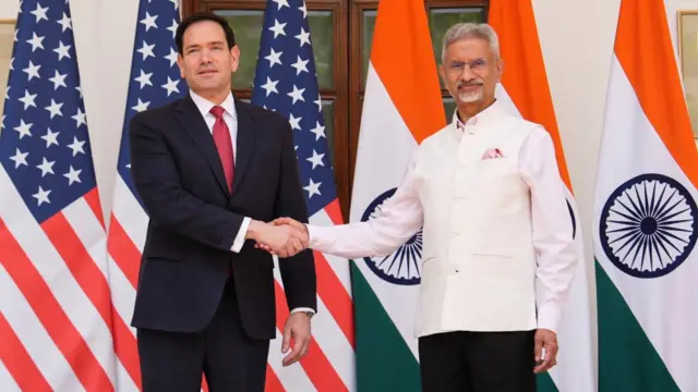 U.S. Secretary of State Marco Rubio and India’s Minister of External Affairs S. Jaishankar shake hands after their talks in New Delh.