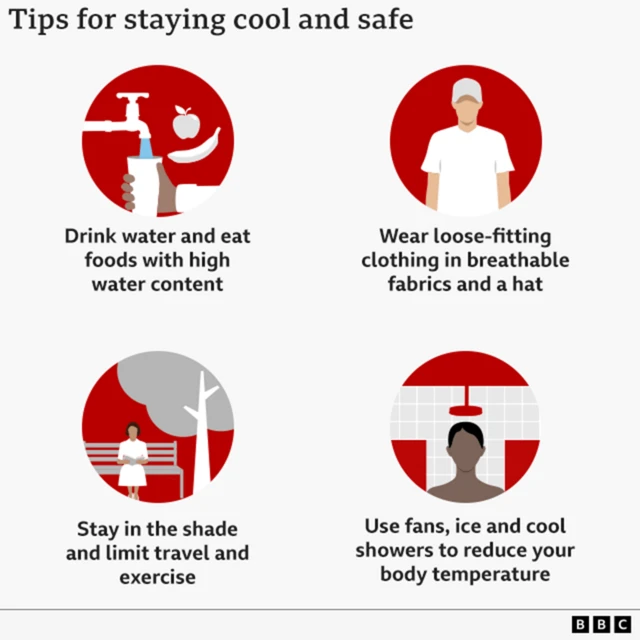 Infographic titled “Tips for staying cool and safe,” showing four circular illustrations with advice for hot weather. Top left: a tap filling a glass of water alongside fruit, with text reading “Drink water and eat foods with high water content.” Top right: a person wearing a hat and loose clothing, with text reading “Wear loose-fitting clothing in breathable fabrics and a hat.” Bottom left: a person sitting on a bench under a tree, with text reading “Stay in the shade and limit travel and exercise.” Bottom right: a person under a showerhead, with text reading “Use fans, ice and cool showers to reduce your body temperature.” A BBC logo appears in the bottom corner.