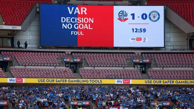 Screen at Wembley reads VAR decision no goal foul