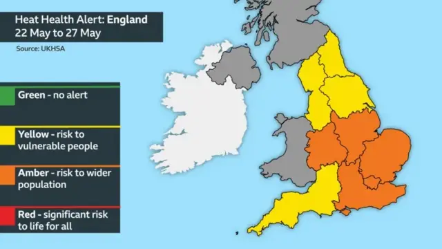 Map showing the various UKHSA heat alerts in place forparts of the UK