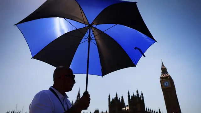 Person holds umbrella in front of the Houses of Parliament