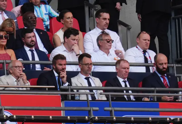 Salford City co-owners Sir David Beckham (front second left) and Gary Neville (top right) with Paul Scholes (front second right) in the stands during the Sky Bet League Two play-off final at Wembley Stadium, London
