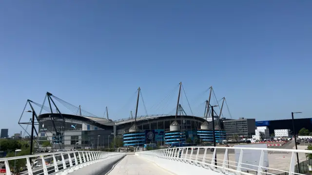 Etihad Stadium photographed under bright blue skies