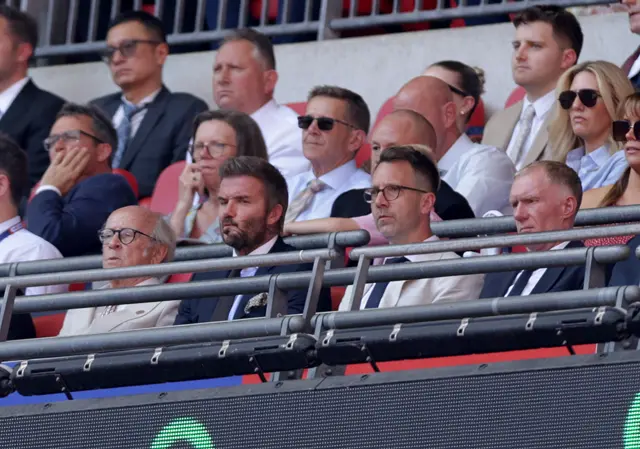 Salford City co-owner Sir David Beckham (second left) and Paul Scholes (right) appear dejected in the stands
