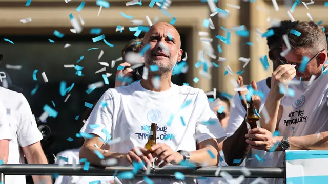 Manchester City manager Pep Guardiola during a parade in Manchester to celebrate the achievements of the Manchester City this season.