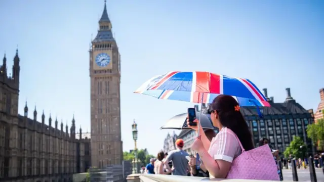A woman shields herself from the sun underneath a Union Jack patterned umbrella, while taking a photo of Big Ben