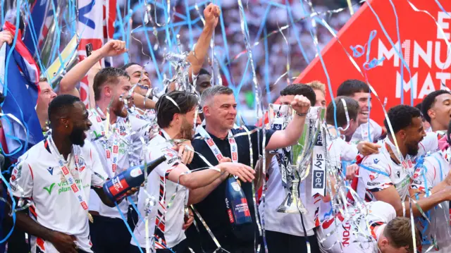 Bolton Wanderers celebrate promotion to the Championship after Sunday's League One play-off final