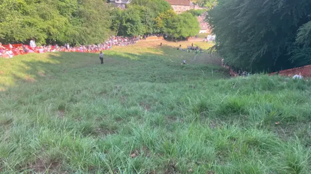 Grass is pictured in dry, hard conditions with the view of a steep hill in the background.