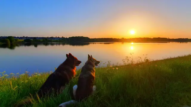 Two German Shepherds sitting staring across a sun rise over a lake