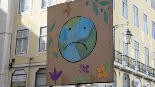 A placard with a painting of the Earth with a sad face