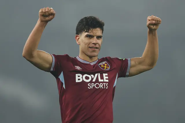 Mateus Fernandes of West Ham United celebrates the victory after the Premier League match between Fulham and West Ham United at Craven Cottage.