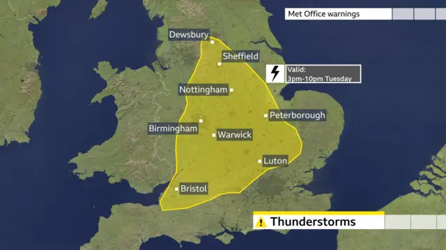 A yellow warning above parts of central England and south west