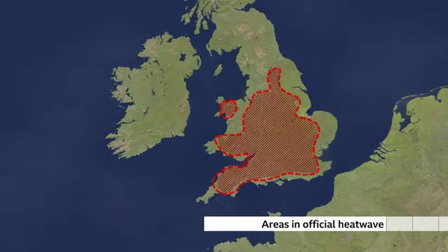 Map shows Ireland and the UK. It highlights parts of England and Wales that are in an official heatwave.