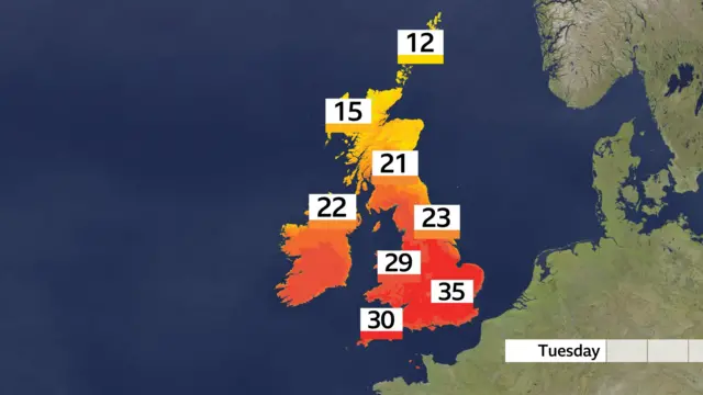 A map of the UK showing the temperatures forecast for Tuesday as records could be broken again