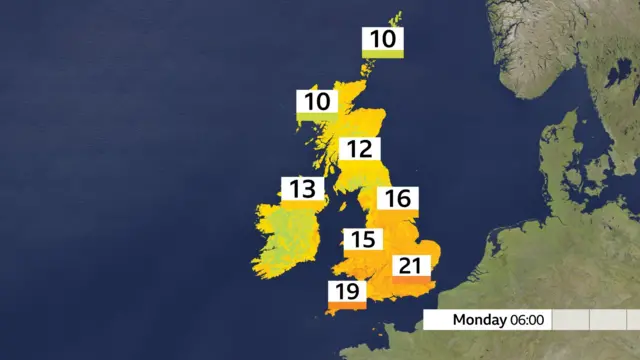 A map of the UK showing temperatures at various locations at 06:00.
