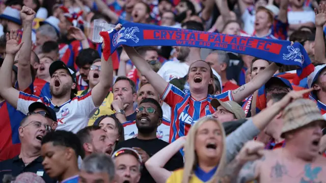 Crystal Palace supporter holds a scarf up