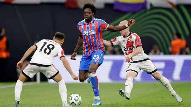 Alvaro Garcia of Rayo Vallecano, Jaydee Canvot of Crystal Palace, Isi Palazon of Rayo Vallecano