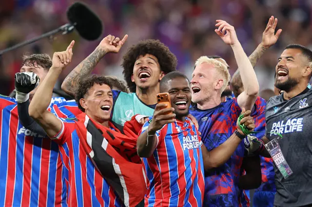 Players of Crystal Palace FC team celebrate after winning the UEFA Conference League final