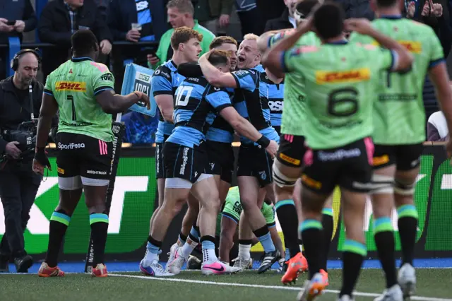 Cardiff celebrate Ioan Lloyd's try against Stormers