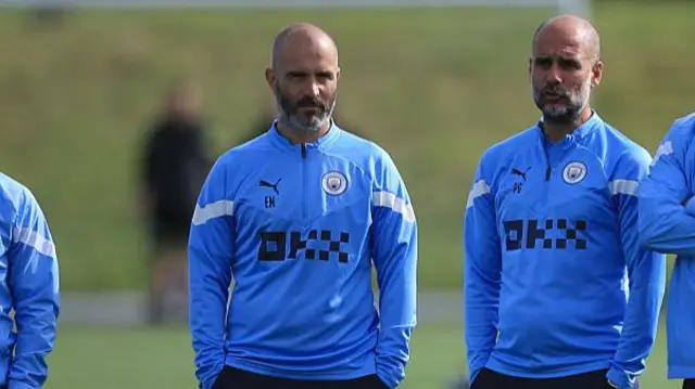 Enzo Maresca with Pep Guardiola in Man City colours