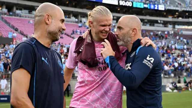 Pep Guardiola, Haaland, Maresca after a Manchester City game