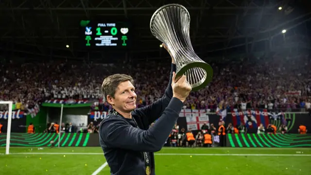Oliver Glasner, Manager of Crystal Palace lifts the UEFA Conference League Trophy after the UEFA Conference League Final 2026 between Crystal Palace FC and Rayo Vallecano