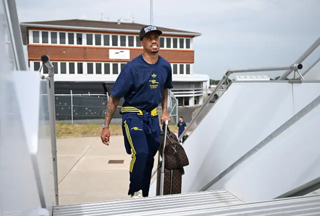 Gabriel Magalhaes of Arsenal boards the team flight