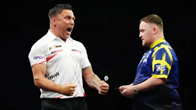 Gerwyn Price (left) celebrates during his semi-final against Luke Littler on finals night of the 2026 BetMGM Premier League at The O2 in London