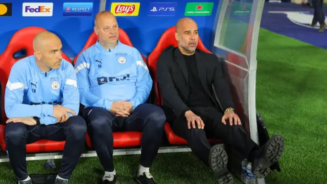 First Team Coach Enzo Maresca, assistant manager Rodolfo Borrell, Manager Josep Pep Guardiola of Manchester City during the UEFA Champions League Final match between Manchester City FC and FC Internazionale Milano