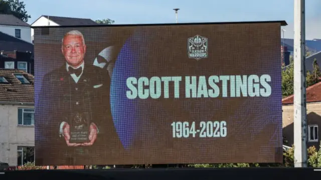 A tribute to Scott Hastings on the big screen at Scotstoun Stadium