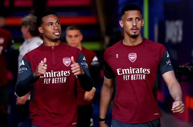Gabriel and William Saliba of Arsenal during a training session