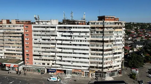A view shows destruction caused by a Russian drone hitting an apartment building in the eastern city of Galati, Romania, on May 29, 2026