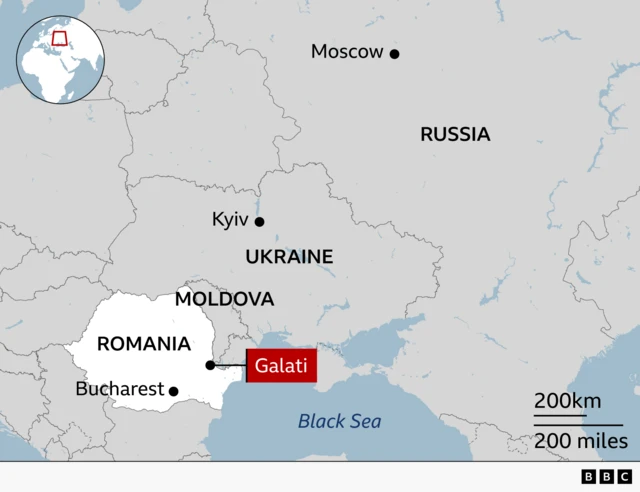 Map of eastern Europe showing the location of Galați in eastern Romania, close to the border with Moldova and near the Black Sea. Romania is highlighted with Galați marked by a red label near the Danube River. The capital, Bucharest, is labelled further south. Neighbouring countries including Ukraine to the north and Russia to the east are shown, along with Moldova between them and Romania. The Black Sea is labelled to the southeast.