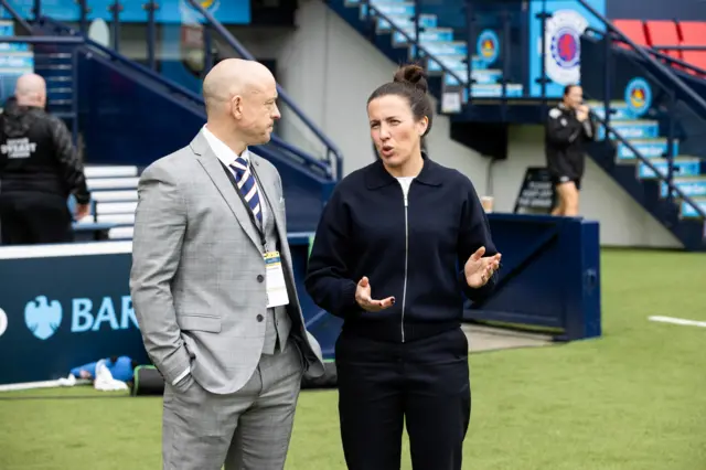 Montrose boss Craig Feroz speaks to Rangers' head coach Leanne Crichton