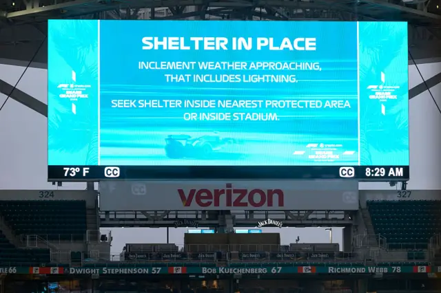 A shelter in place sign at the Miami Grand Prix