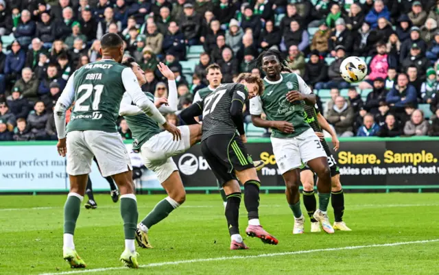 Arne Engels heads in Celtic's second goal at Easter Road
