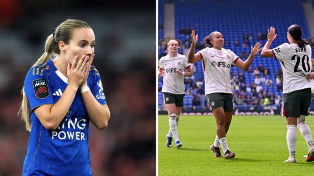 Leicester player reacts/Chelsea players celebrate