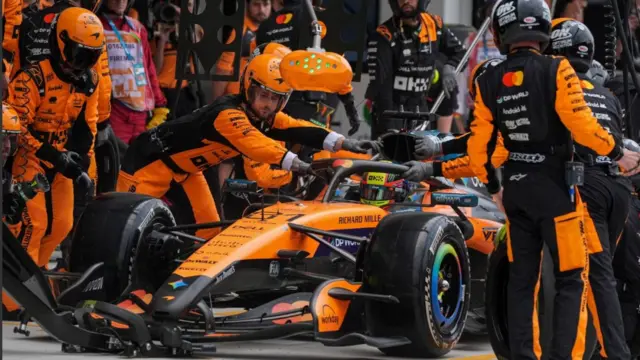 Lando Norris during a pit stop at the Miami Grand Prix
