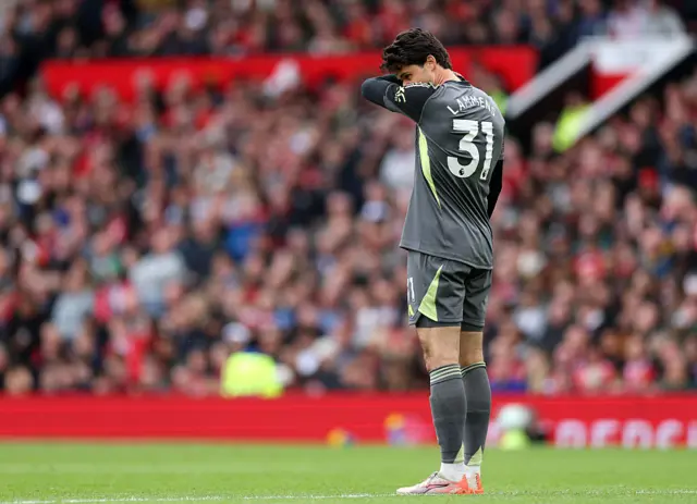 Senne Lammens of Manchester United looks dejected after Cody Gakpo of Liverpool (not pictured) scores his team's second goal during the Premier League match between Manchester United and Liverpool at Old Trafford on May 03, 2026.