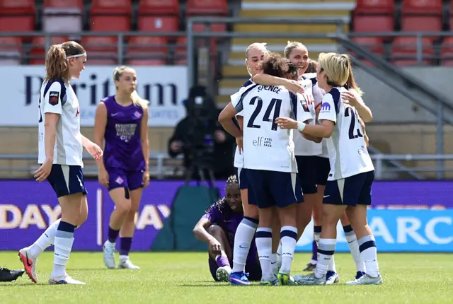 Olivia Holdt and Tottenham's players celebrate Holdt's goal