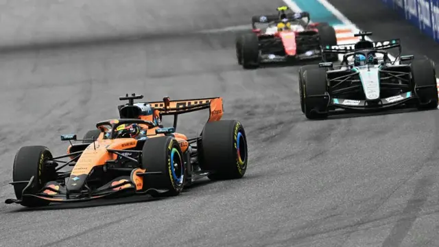 Oscar Piastri Lewis Hamilton and George Russell during the 2026 Miami Formula One Grand Prix